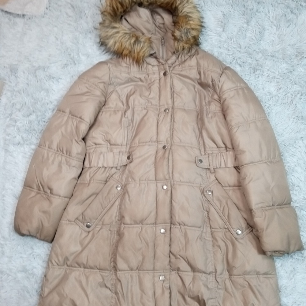 a.n.a. Jacket Womens Parka Puffer Coat Beige Hooded Insulated Zip Snap Up XL